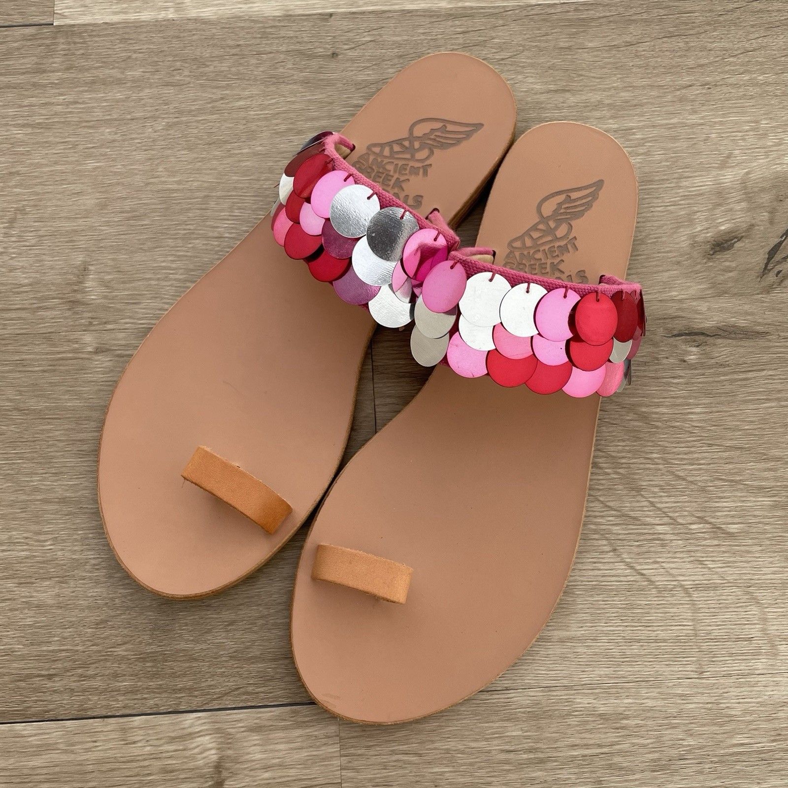 Ancient Greek Sandals Metallic Pink Disc Toe Ring Women’s Size 40 Y2k Retro Shoe